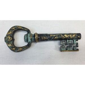 Vintage Skeleton Key Corkscrew Bottle Opener Verdigris Rose Embossed Bar Tool